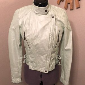 Silvery light teal vegan leather moto jacket